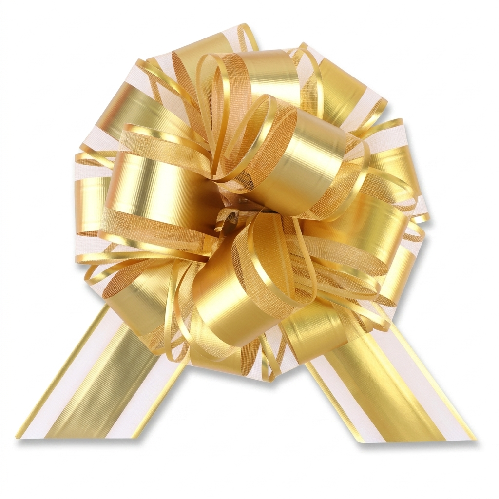 Gold pull bow for gift wrapping on white background