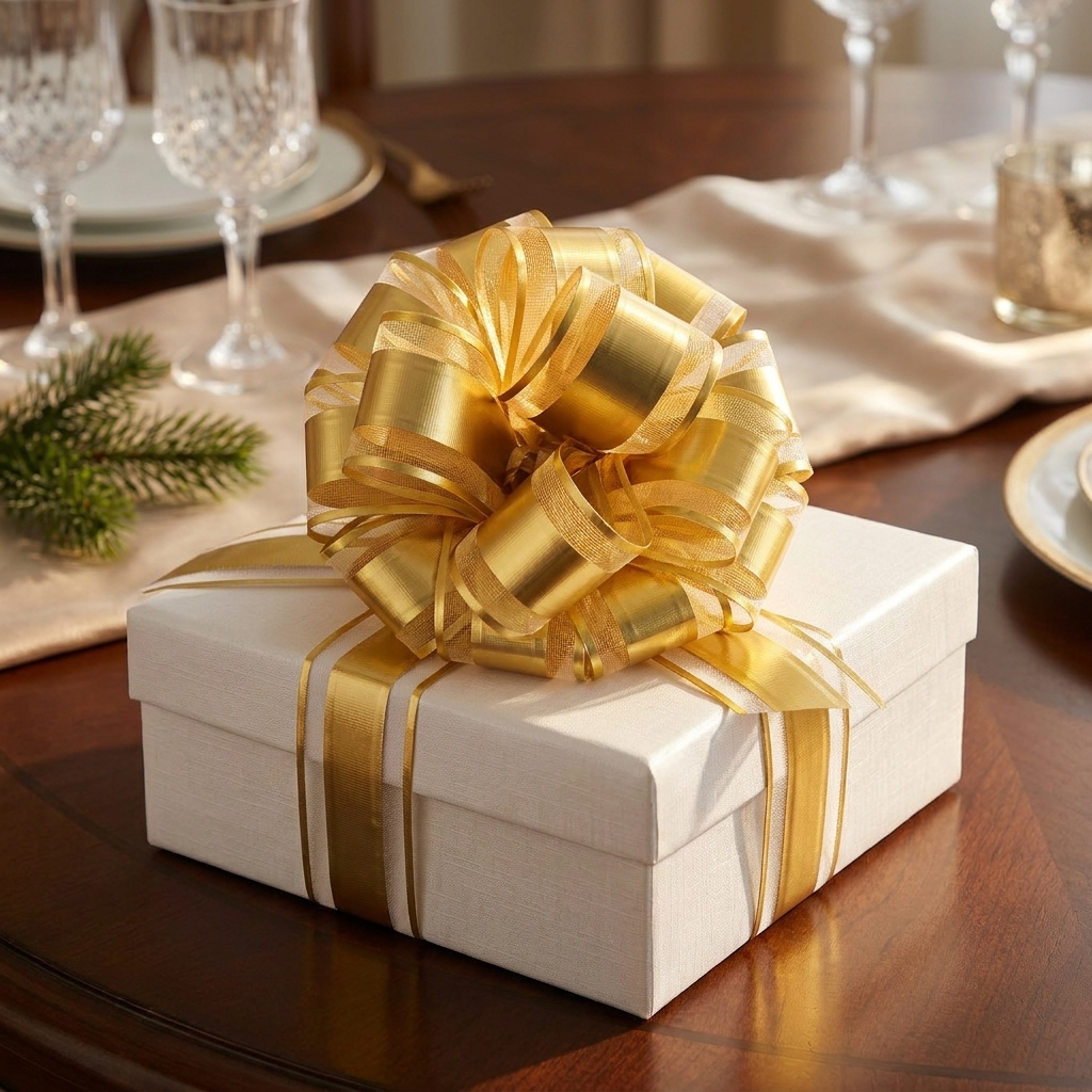 Gold pull bow on an elegant white wrapped gift box