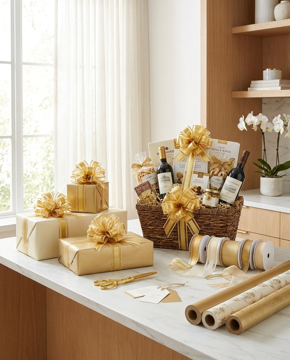 Gold pull bows on wrapped gifts and a basket at a wrapping station