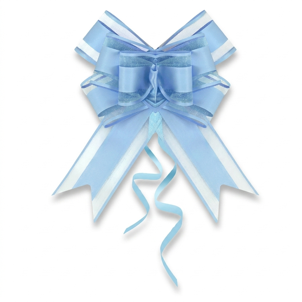 Light blue ribbon gift bow on white background