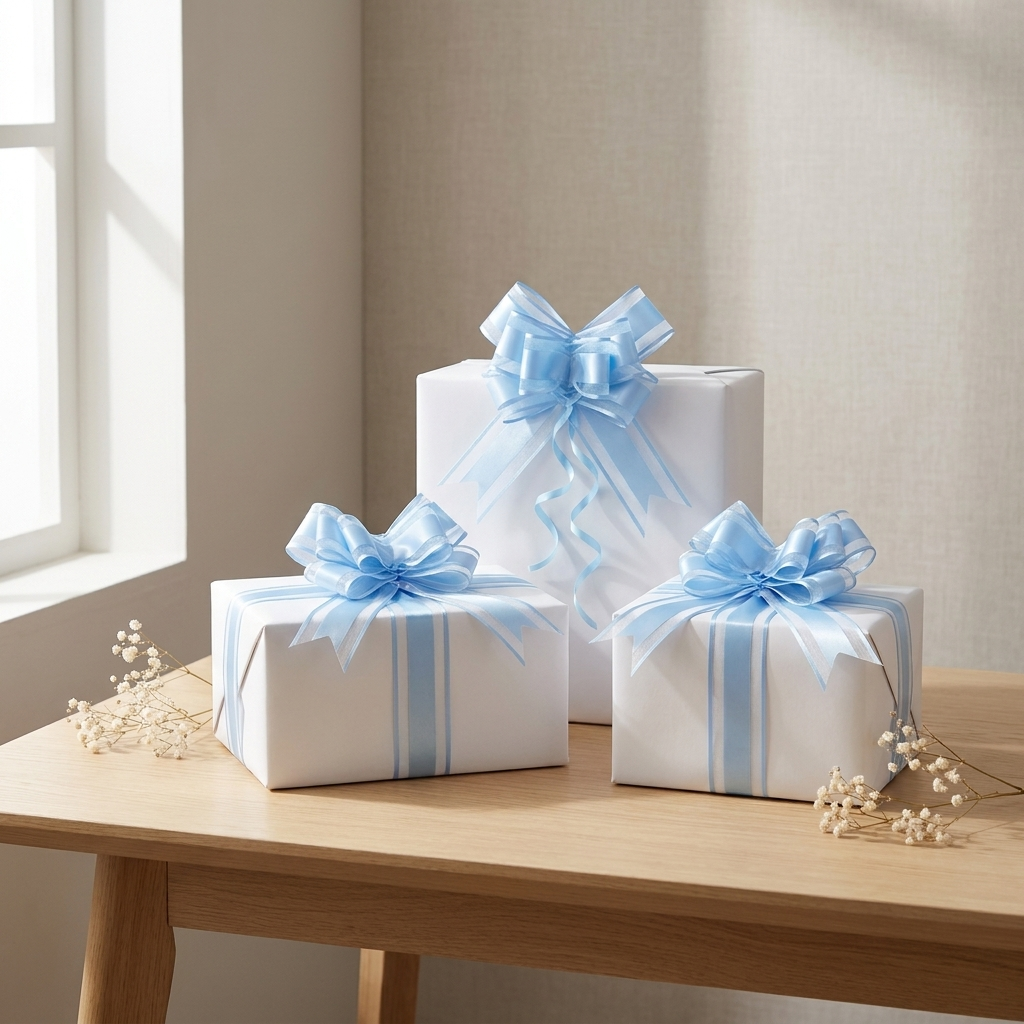 Light blue bows on wrapped gift boxes
