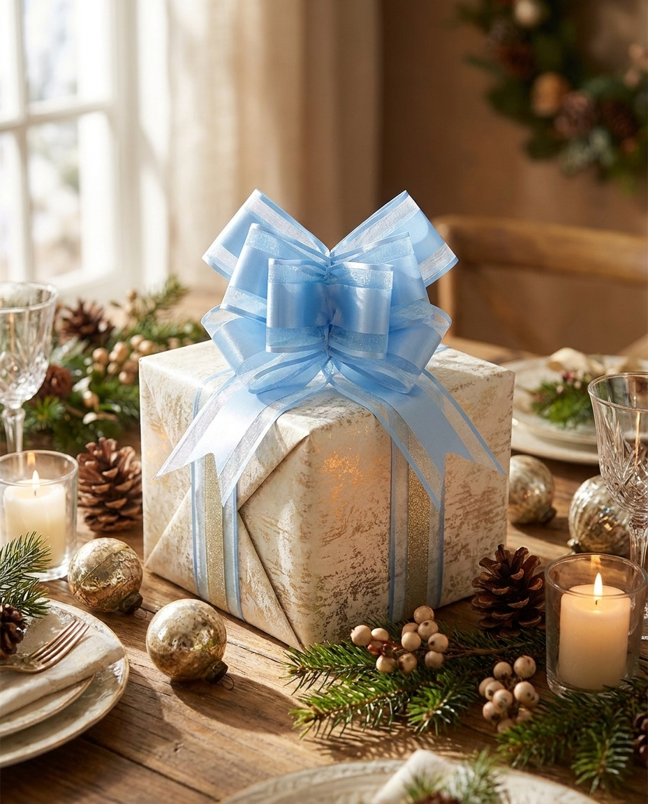 Light blue ribbon bow on a wrapped present