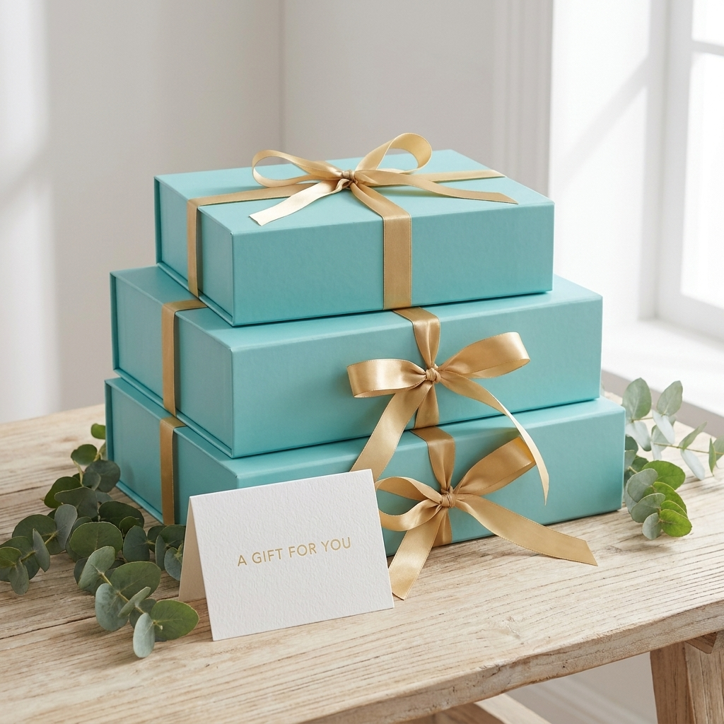 Stacked blue gift boxes with gold ribbons