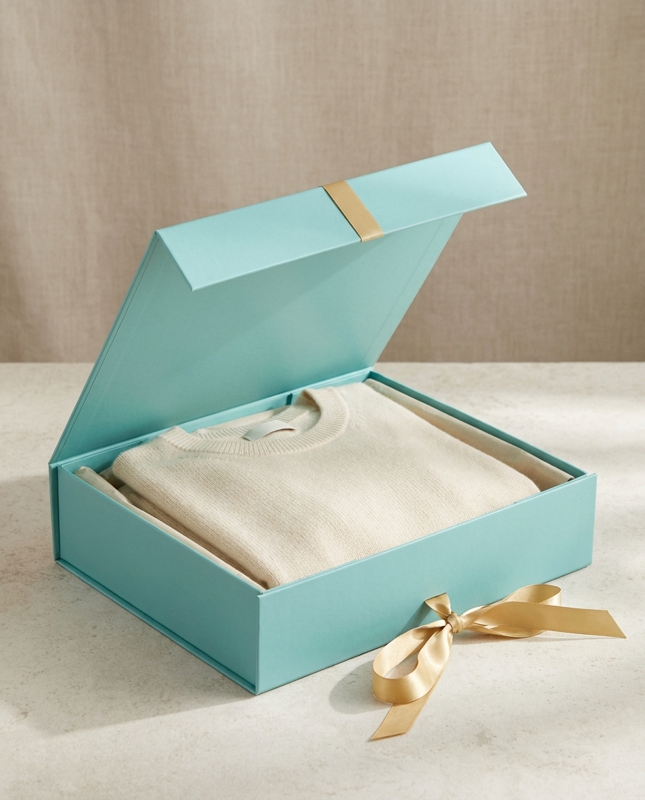 Open blue magnetic gift box with a gift inside