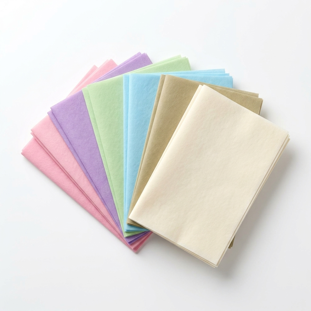 Pastel cotton flower lining paper sheets in 6 colors on white background