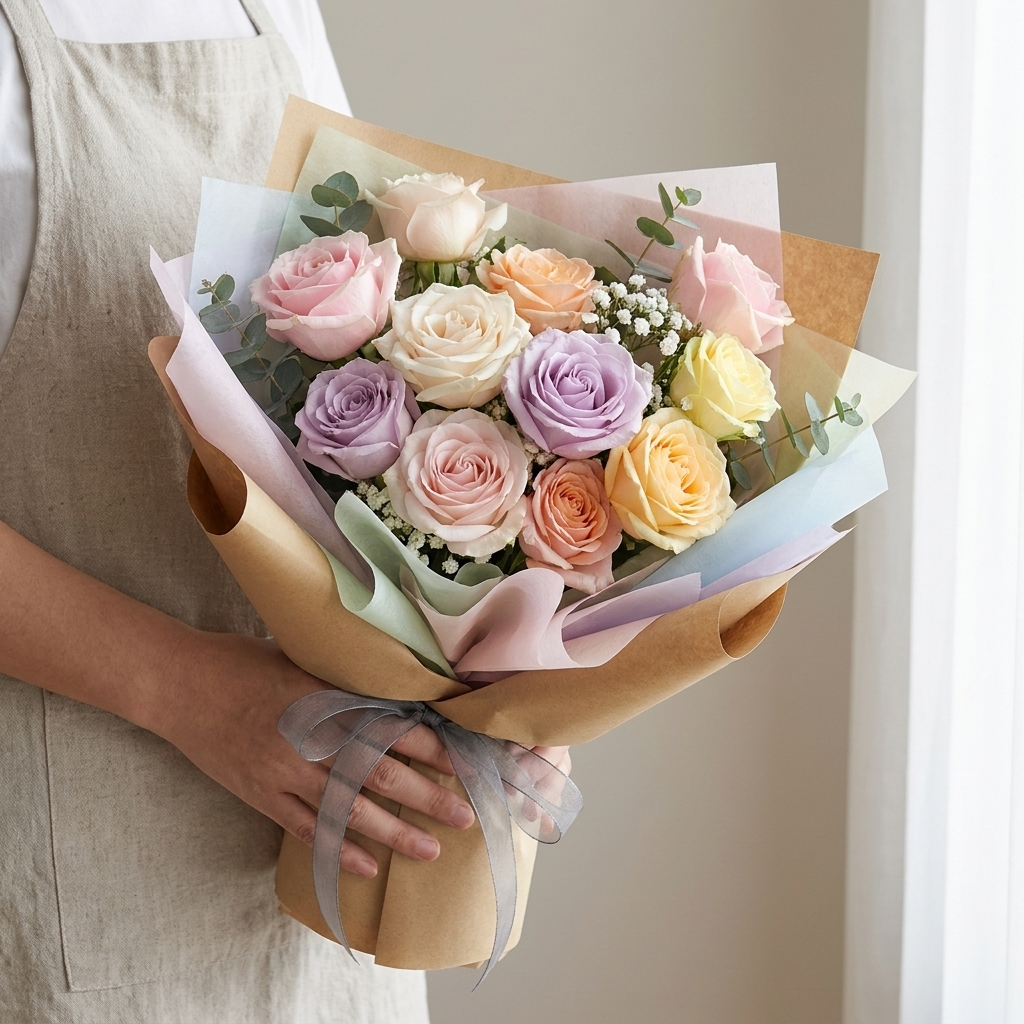 Pastel rose bouquet wrapped in cotton lining paper