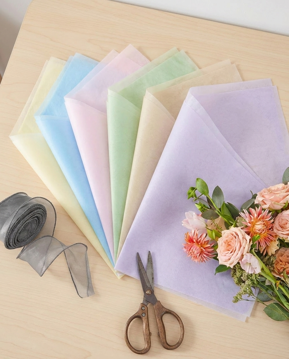 Flat-lay of pastel cotton lining paper with flowers and scissors