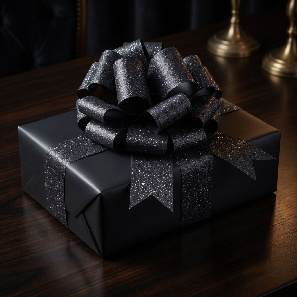 Black glitter pull bow on a luxury wrapped gift box