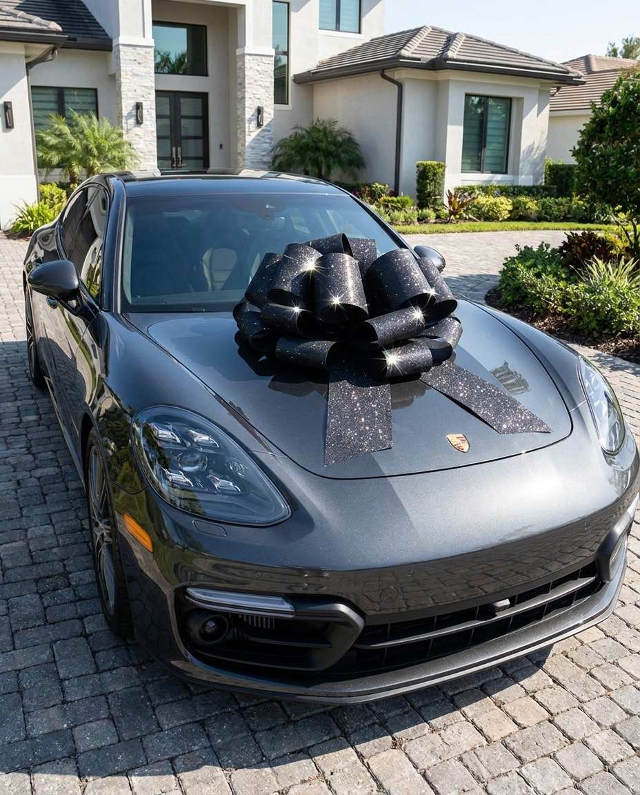 Black glitter pull bow decorating a new car as a gift