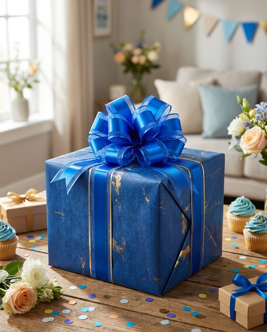 Blue pull bow on a wrapped present