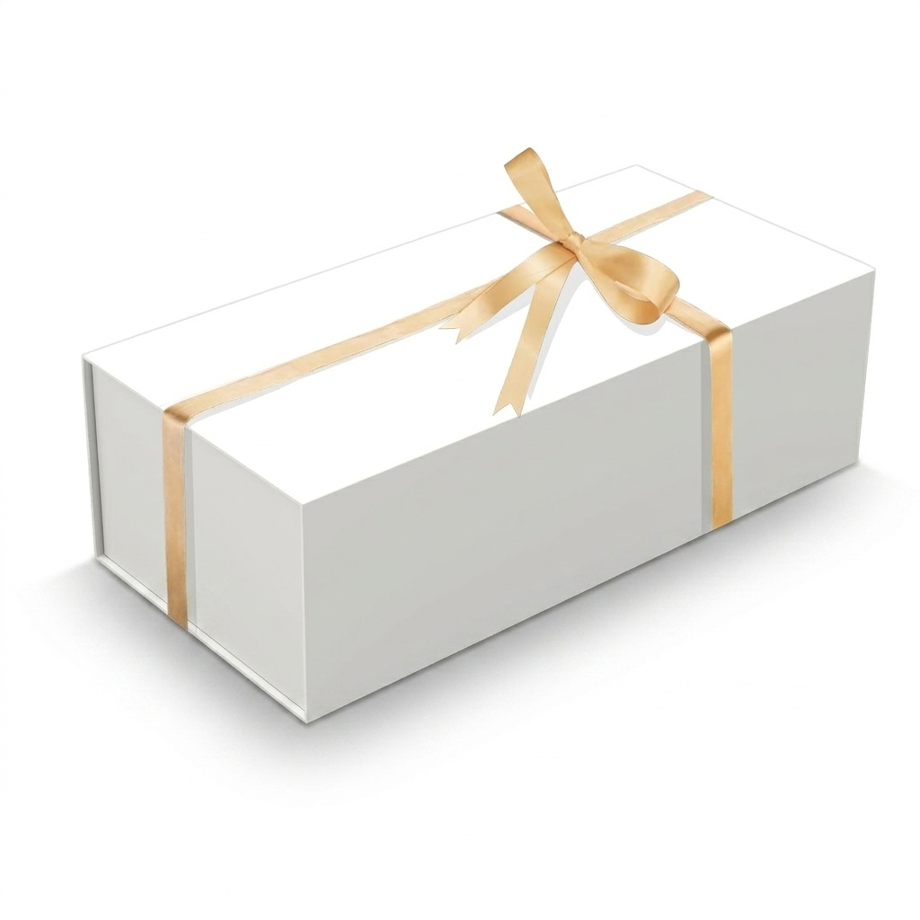 White magnetic gift box with gold ribbon