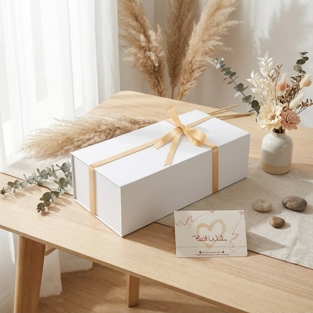White gift box styled on a neutral table
