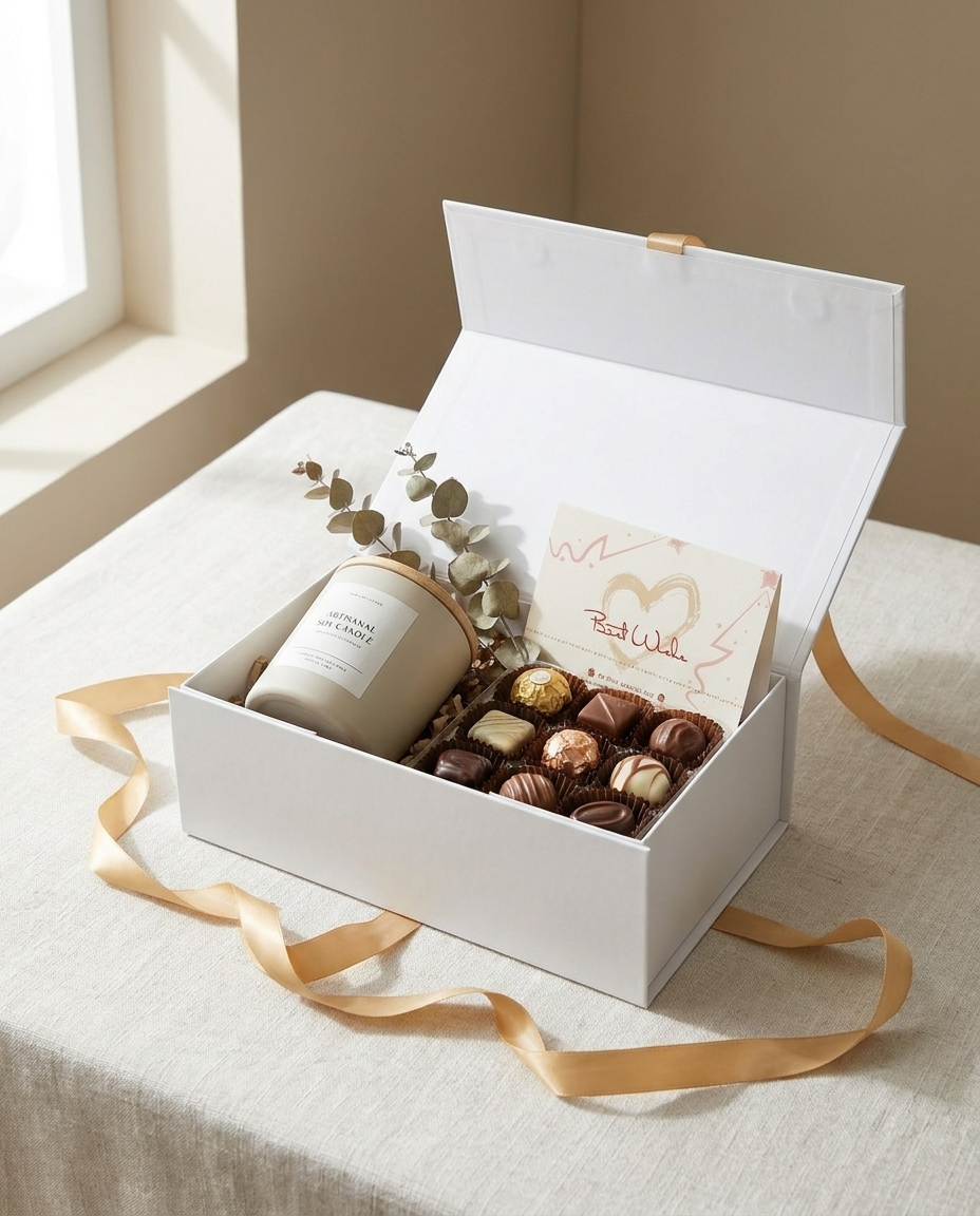 Open white magnetic gift box with gifts inside