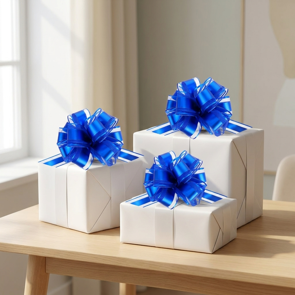 Blue pull bows on wrapped gift boxes
