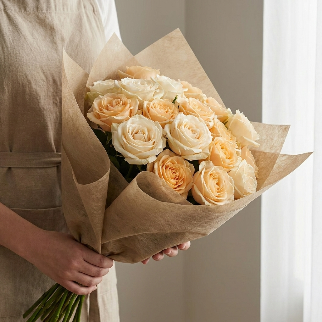 Rose bouquet wrapped in tan non-woven cotton paper