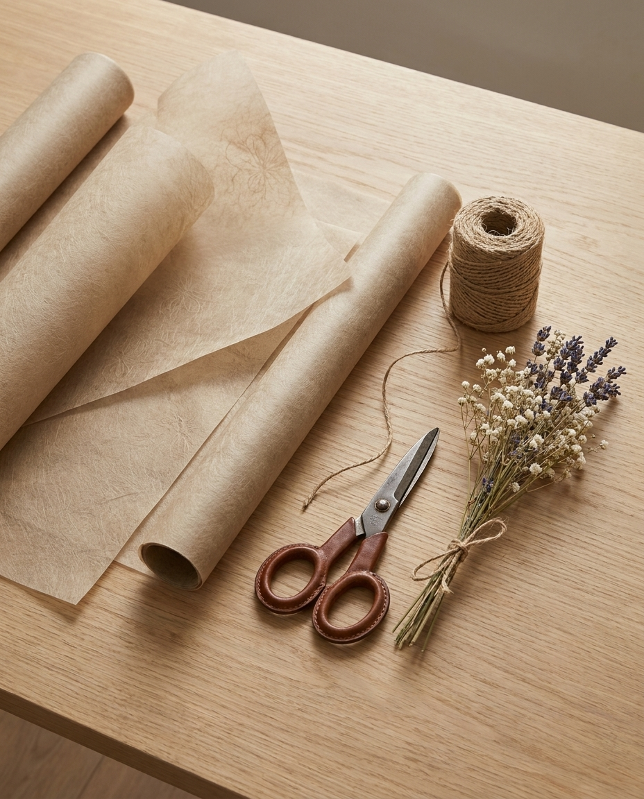 Flat-lay of tan non-woven cotton wrapping paper with dried flowers