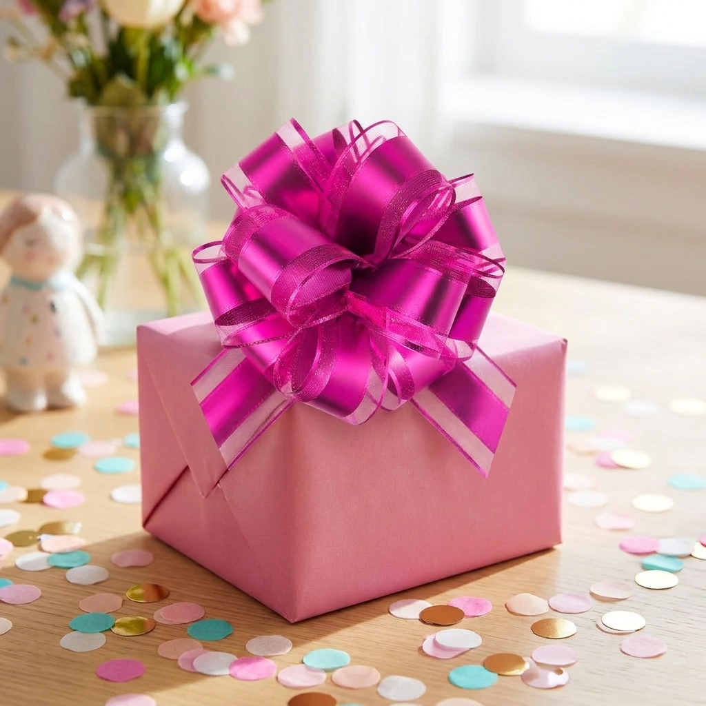 Hot pink pull bow on a wrapped birthday gift box