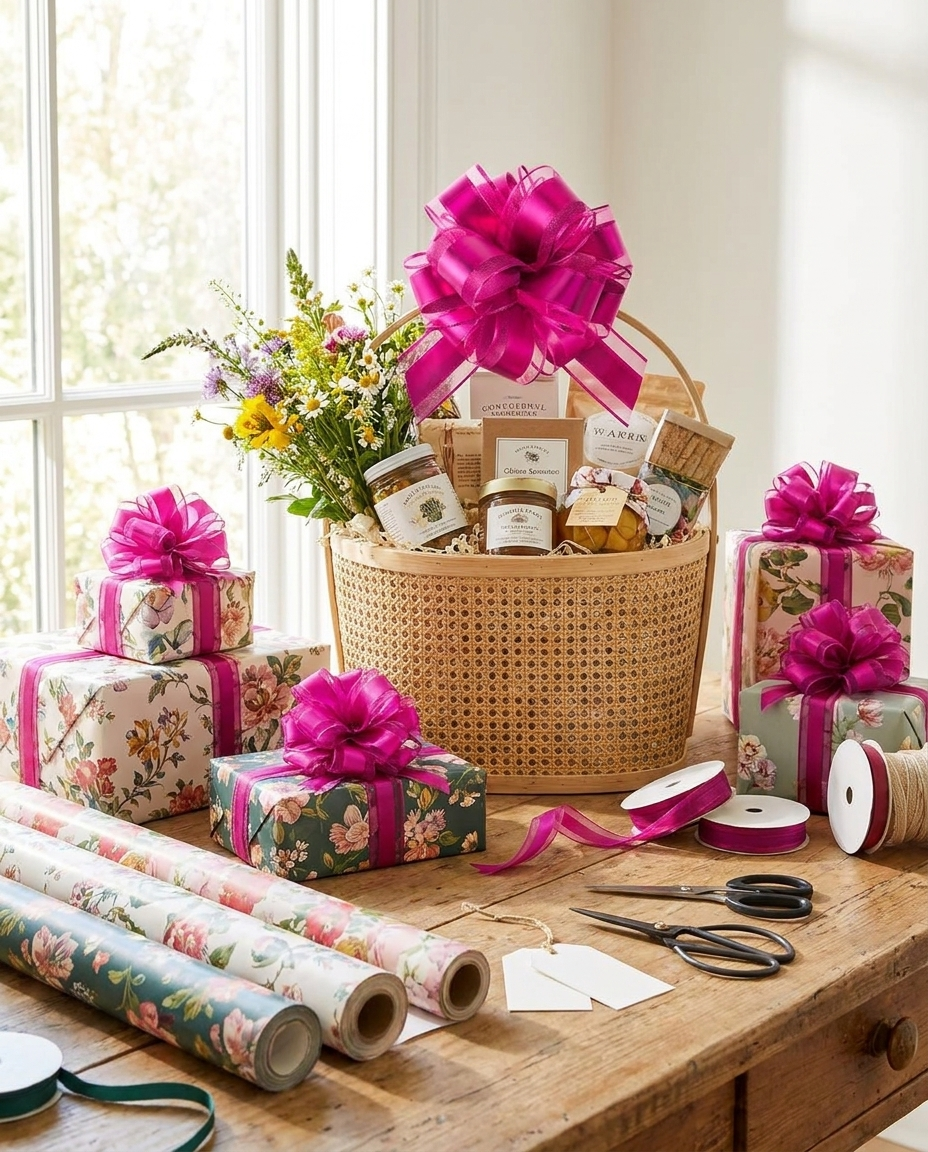 Hot pink pull bow on a gift basket and wrapped presents
