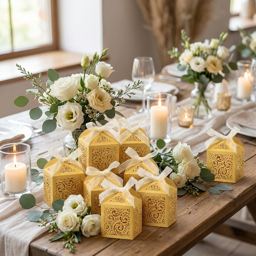 Gold favor boxes on a wedding reception table
