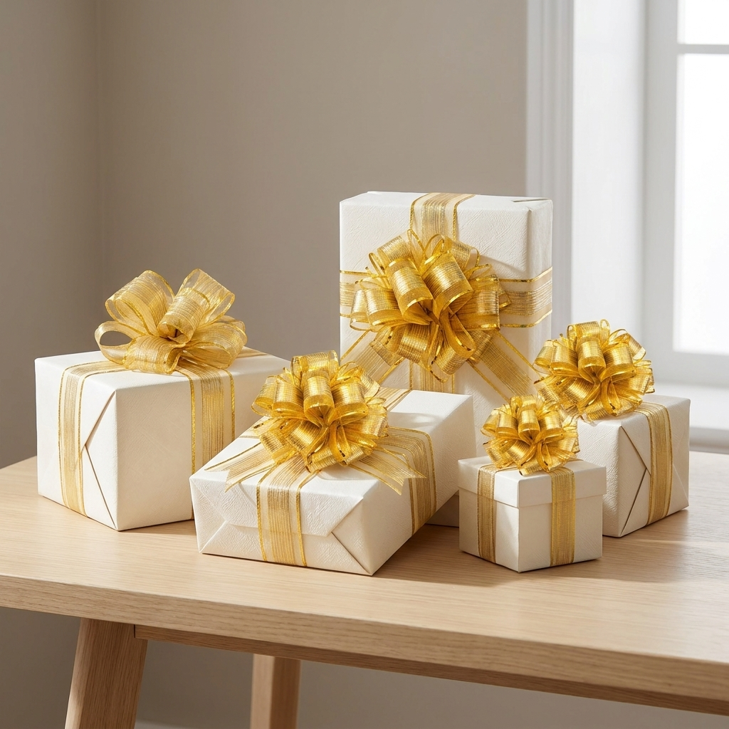Gold pull bows on wrapped gift boxes