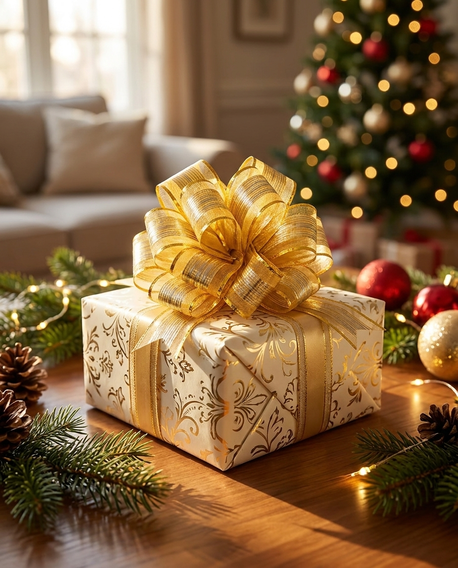 Gold pull bow on a wrapped holiday present