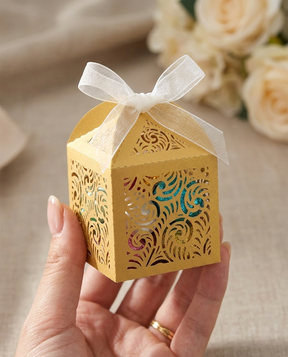 Gold laser-cut favor box held in hand at a wedding