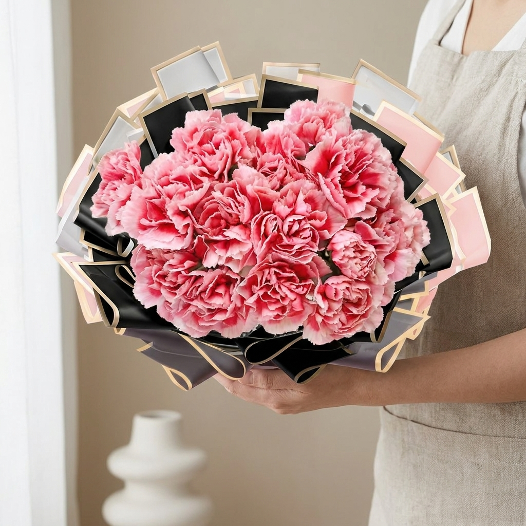Pink carnation bouquet wrapped in black and pink gold-edge paper