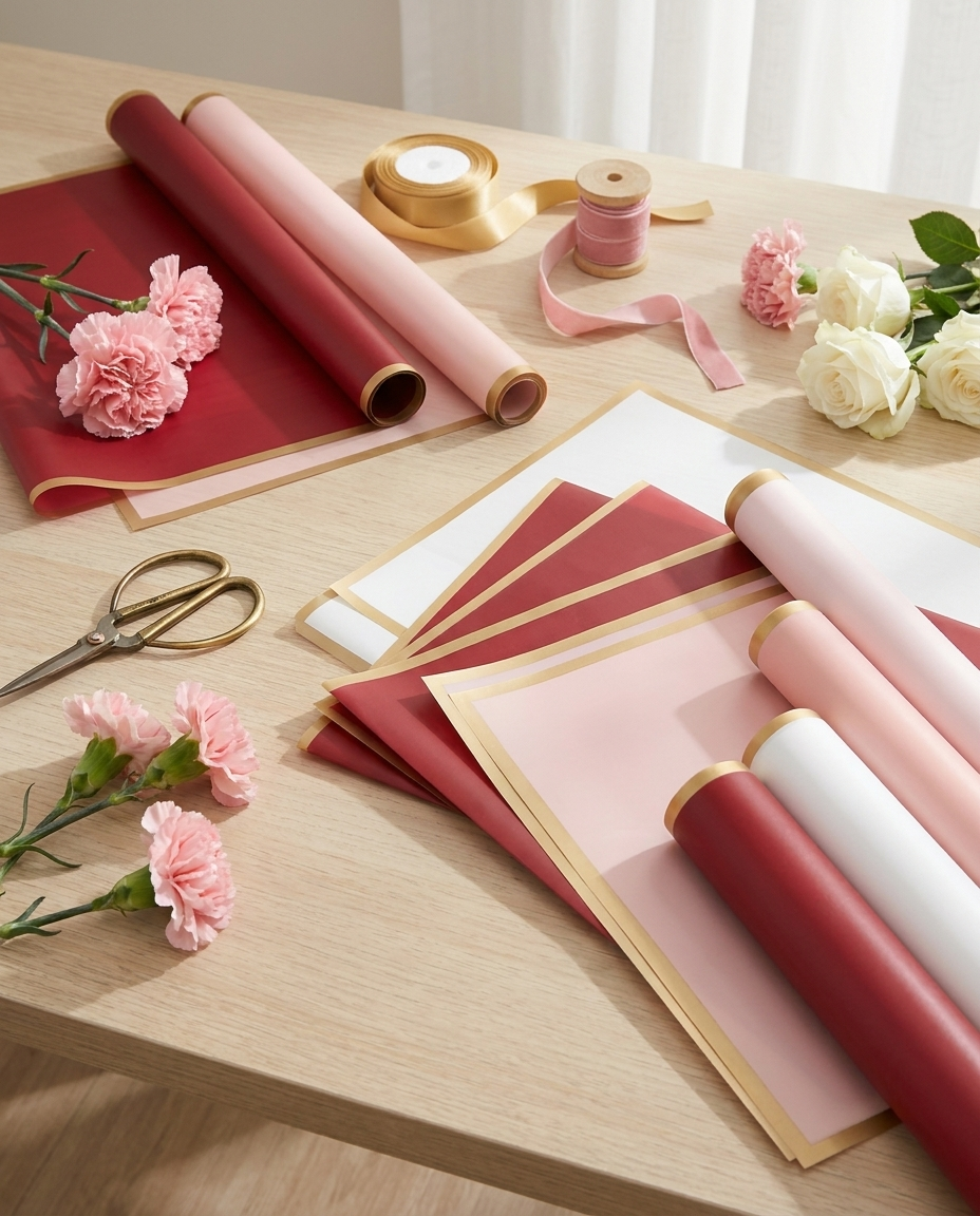 Flat-lay of assorted gold-edge floral wrapping paper with flowers and scissors