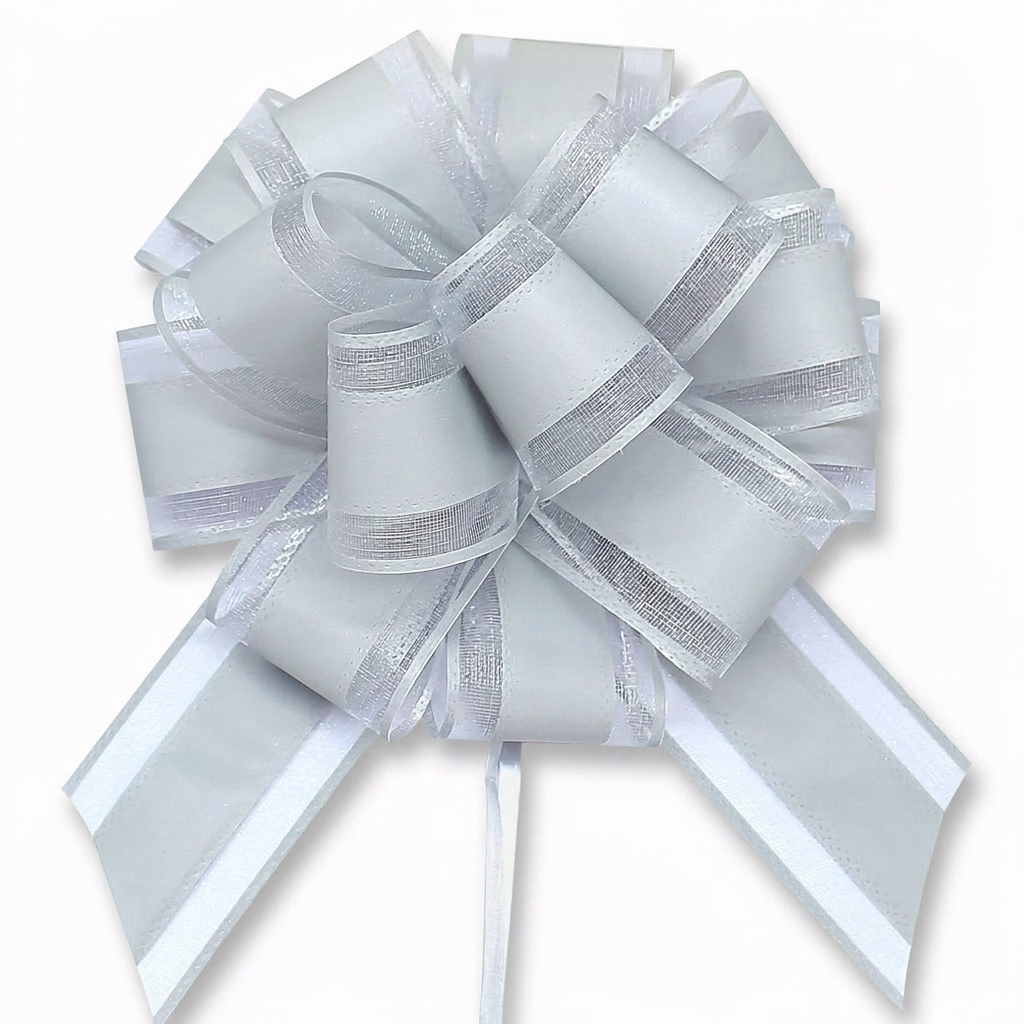 Silver pull bow for gift wrapping on white background