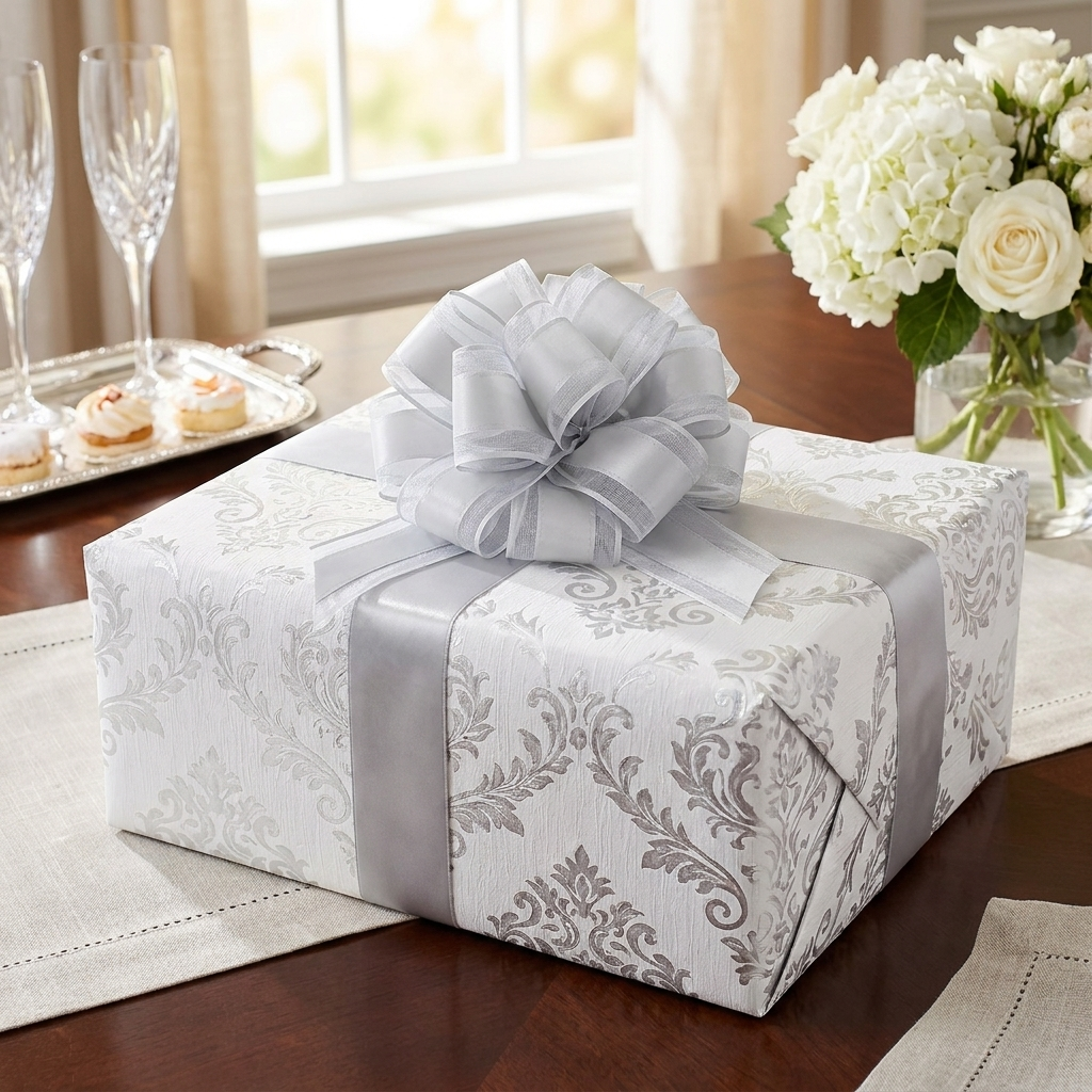 Silver pull bow on a wrapped wedding gift box