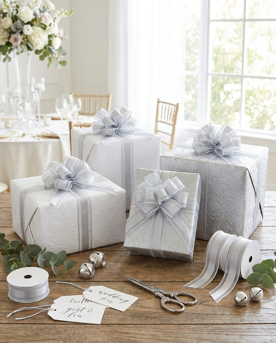 Silver pull bows on wrapped gifts at a wedding wrapping station