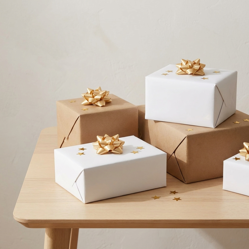 Gold star bows on wrapped gift boxes