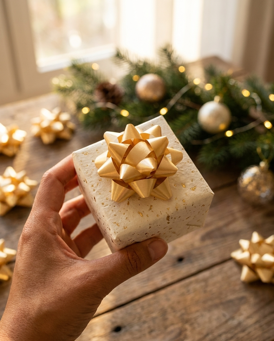 Gold star confetti bow on a wrapped present