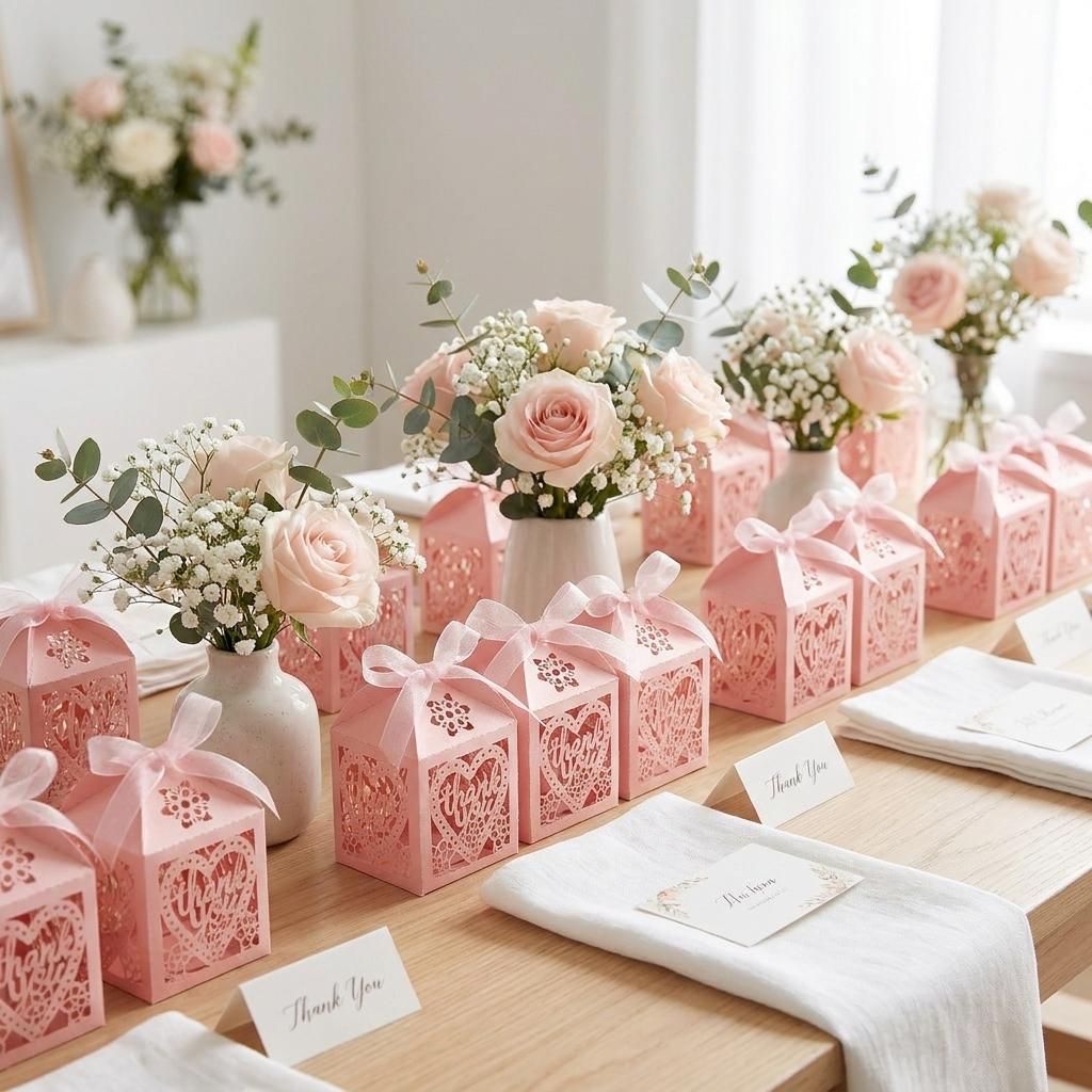 Pink heart favor boxes on a bridal shower table