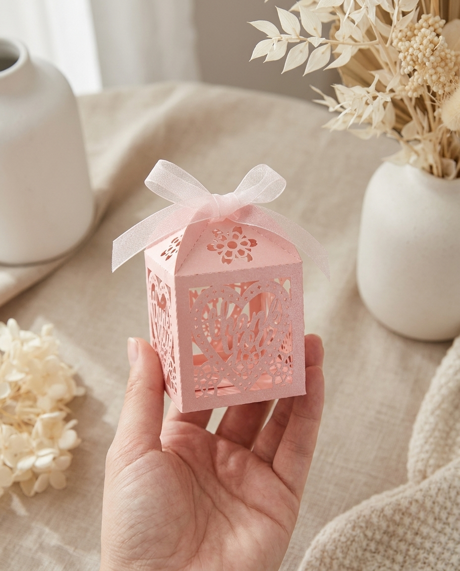 Pink heart favor box held in hand