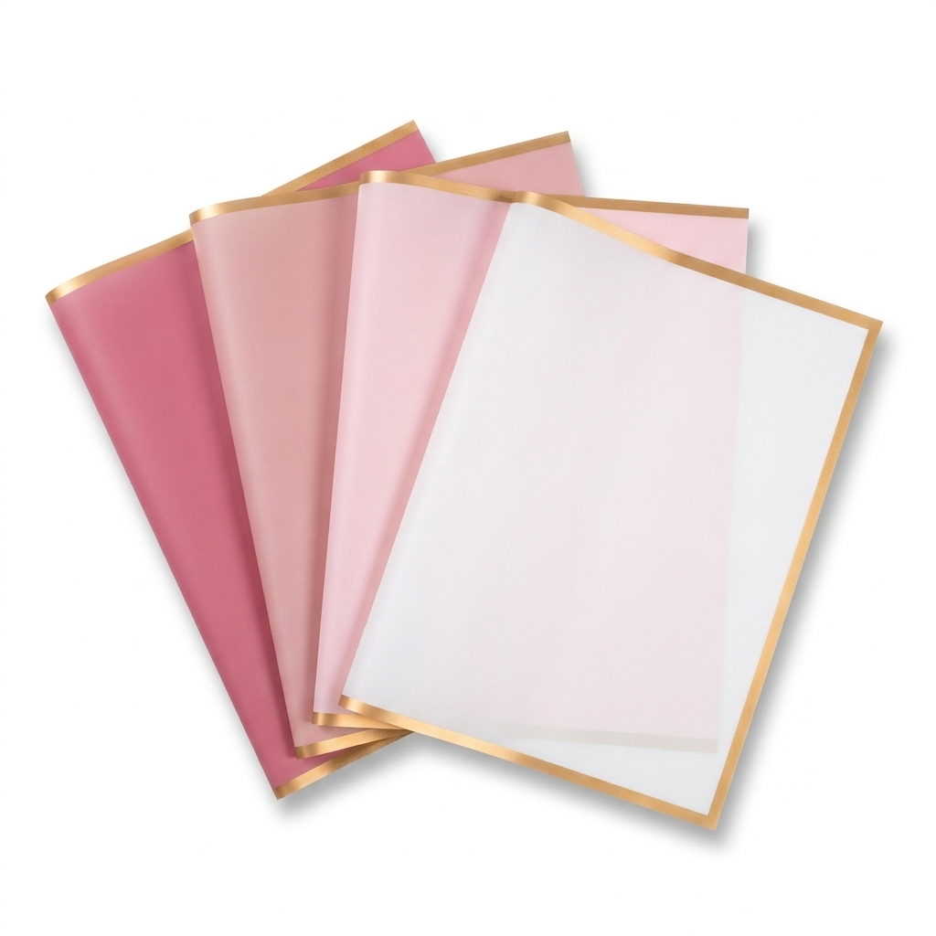Pink-toned gold-edge floral wrapping paper sheets on white background
