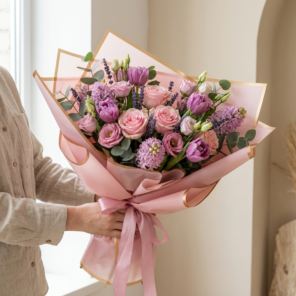 Pink and purple bouquet wrapped in pink gold-edge floral paper
