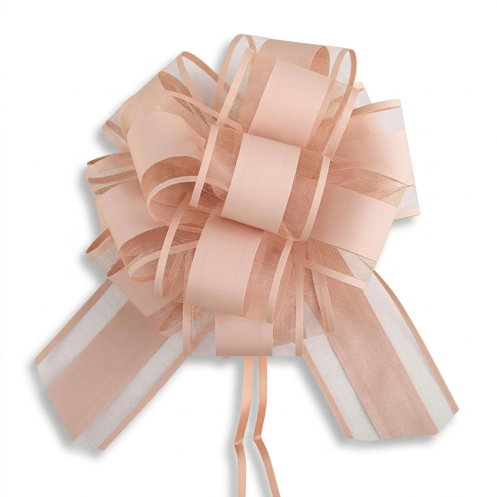 Blush pink organza pull bow for gift wrapping on white background