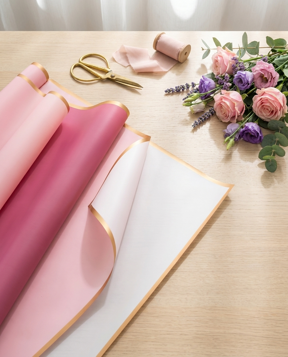 Flat-lay of pink gold-edge floral wrapping paper with flowers and scissors