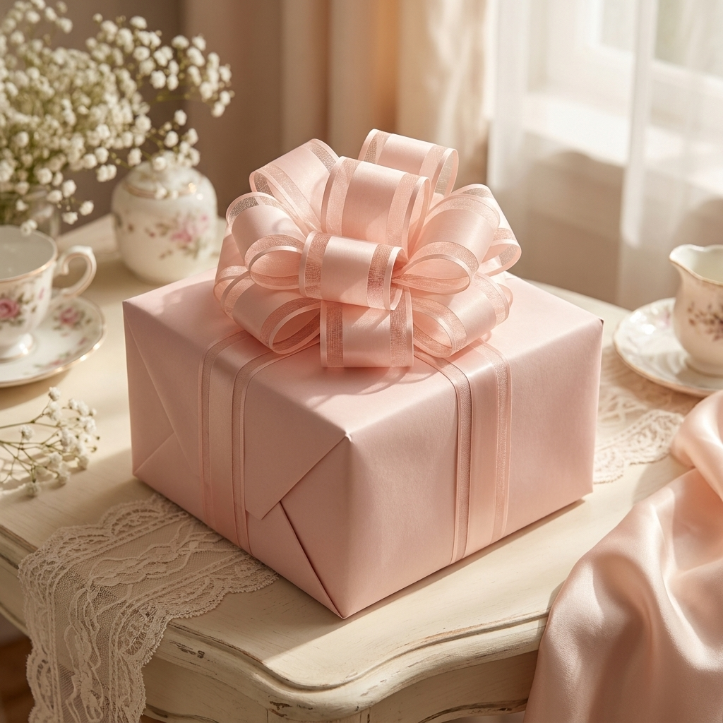 Blush pink pull bow on a wrapped wedding gift box