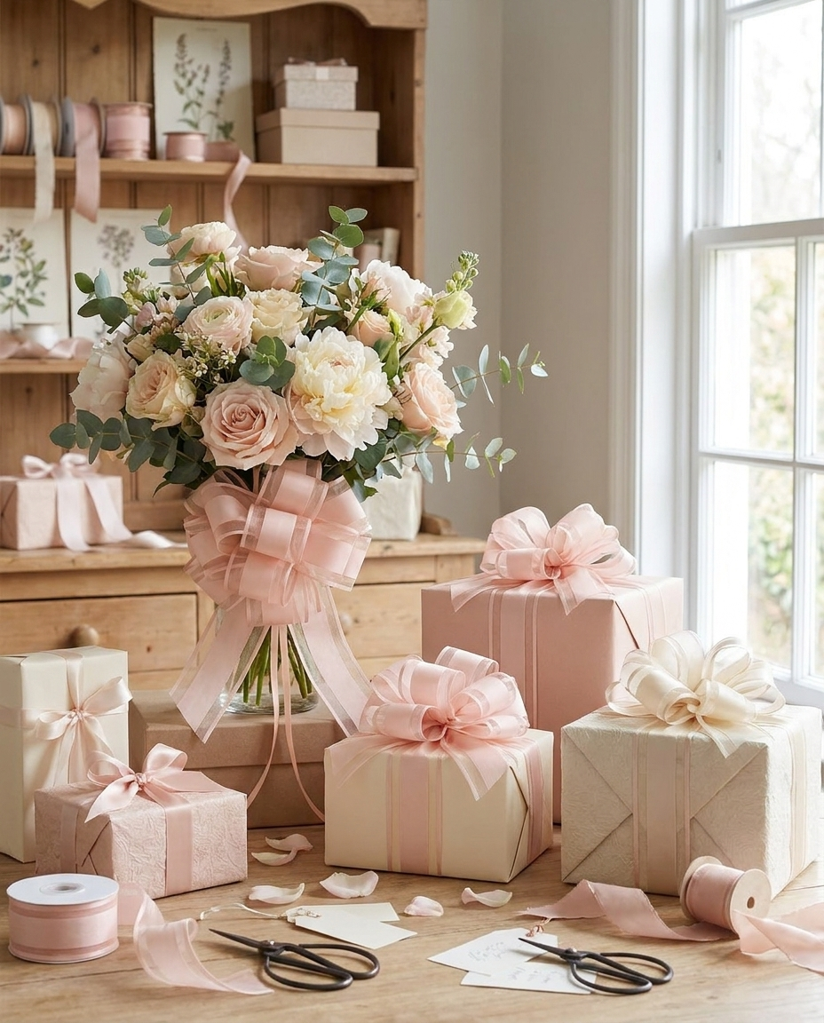 Blush pink pull bows on a bouquet and gifts at a wrapping station