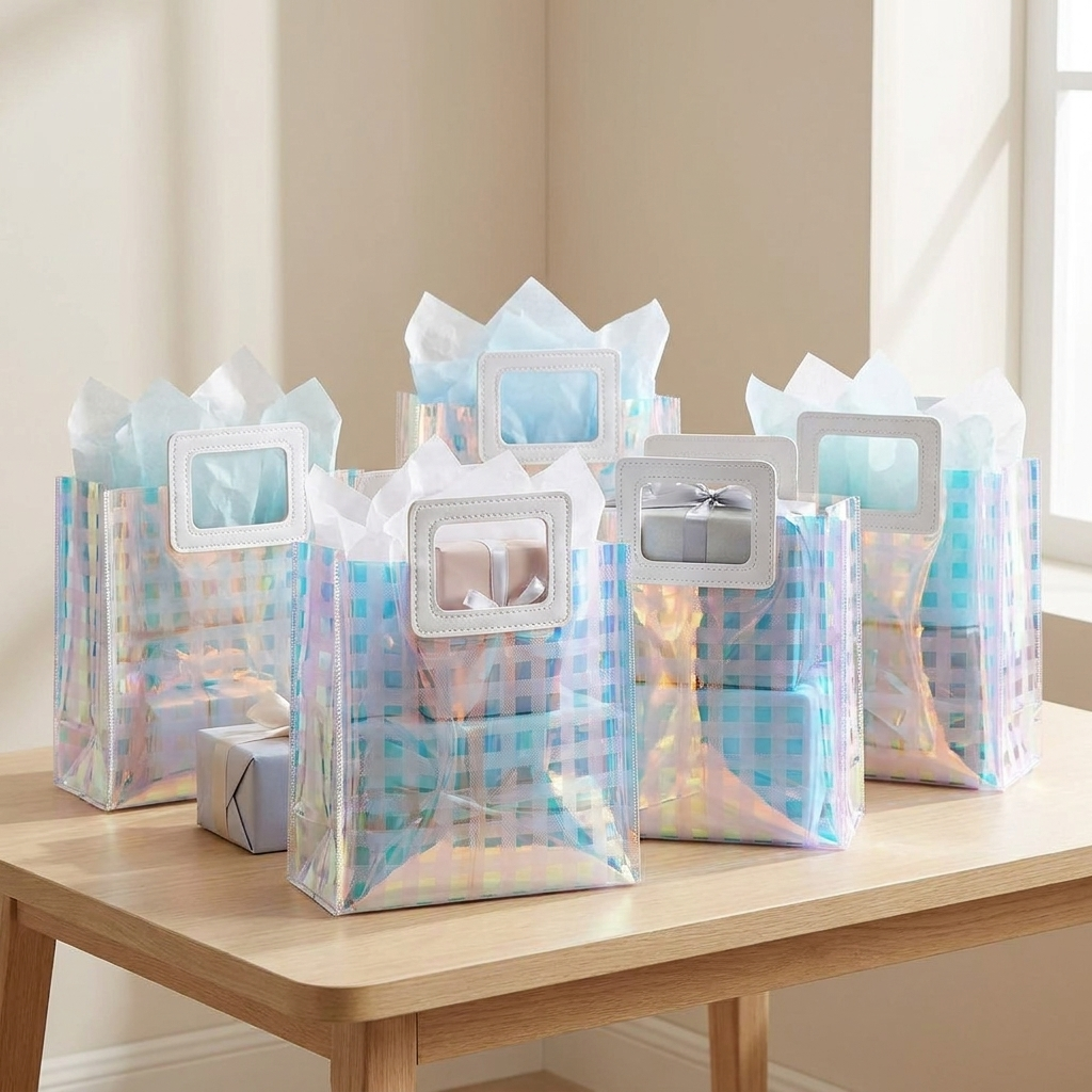 Holographic gift bags filled with tissue and presents