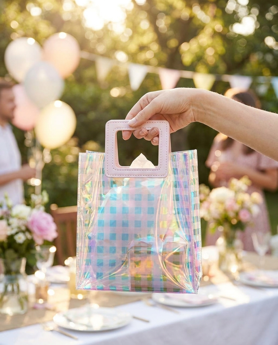 Person holding a holographic gift bag at a celebration