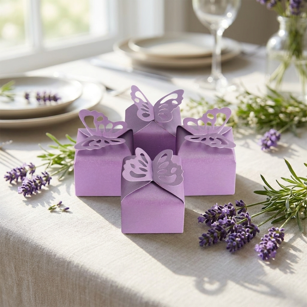 Purple butterfly favor boxes on a party table