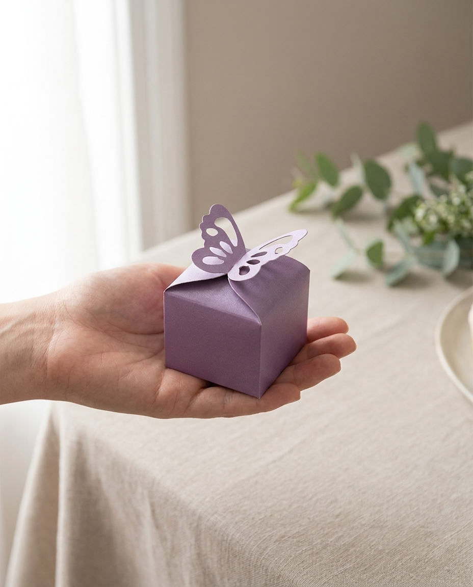 Purple butterfly favor box held in hand