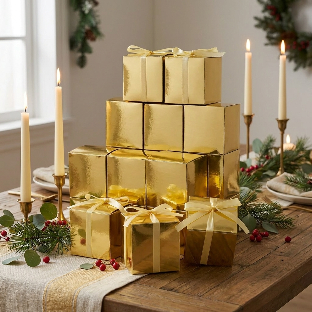 Gold mini gift boxes on a holiday table