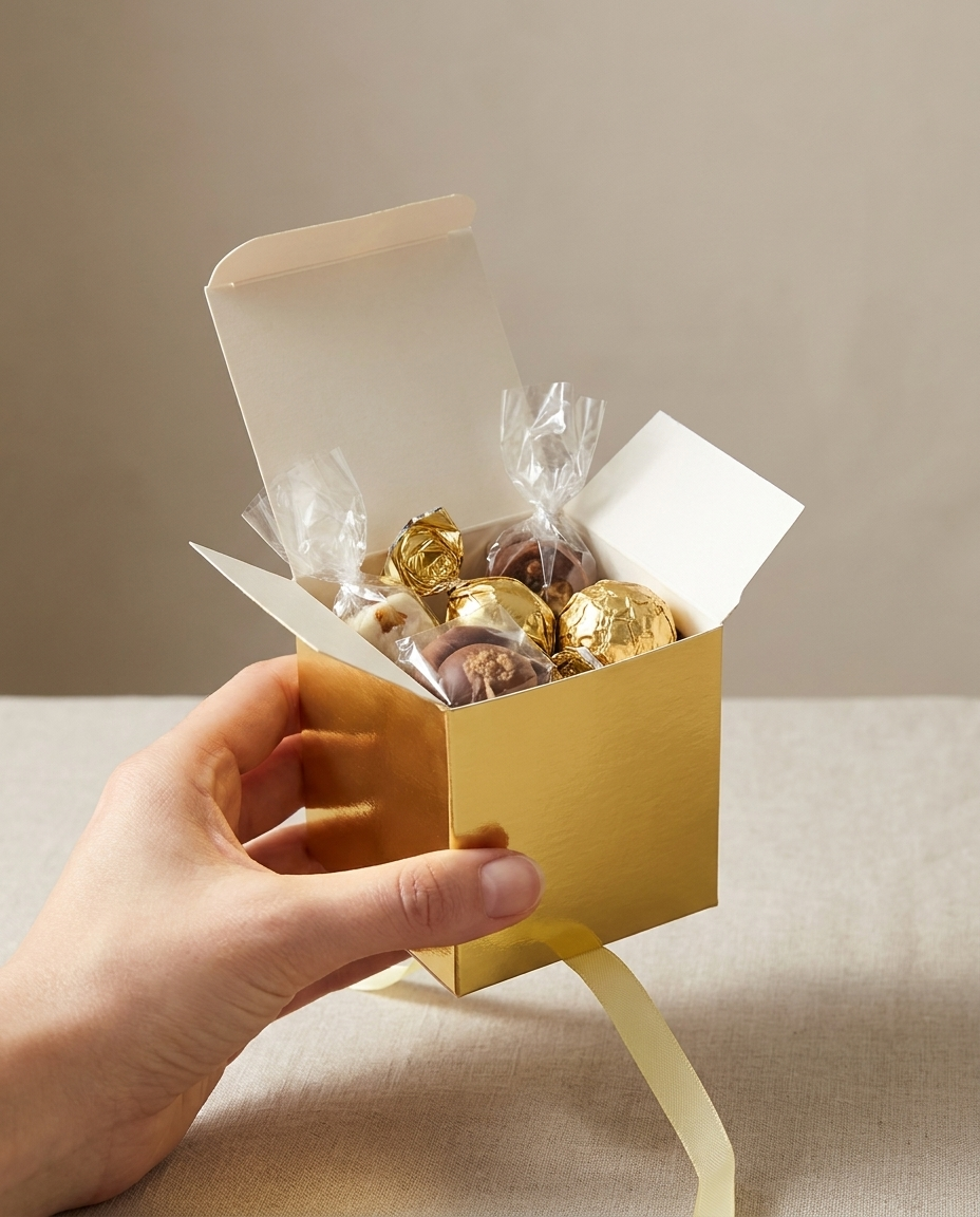 Gold mini gift box held in hand with candy inside