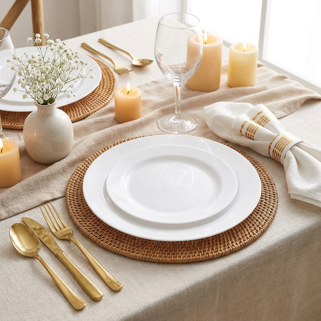 Elegant white dinnerware place setting with gold cutlery and woven placemat