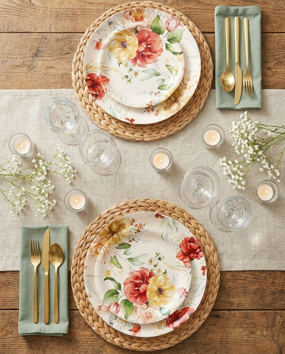 Overhead flat-lay of floral paper plates table setting for two