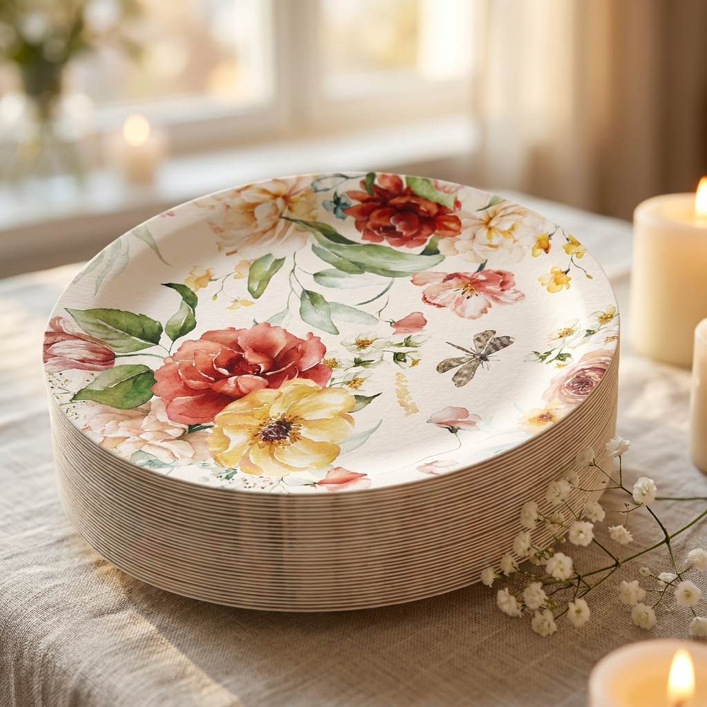 Close-up of watercolor floral paper plate rim detail